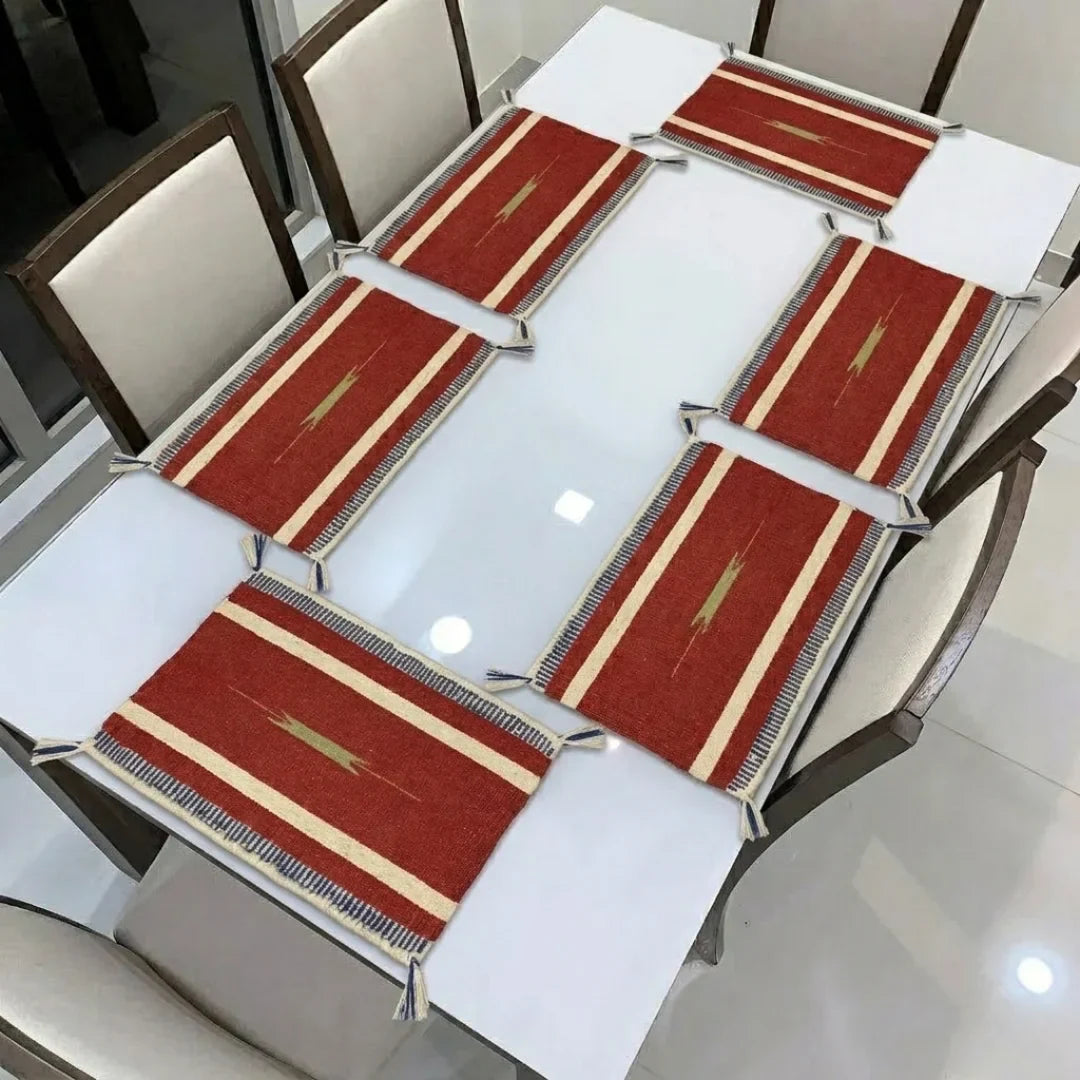 Woven Dining Table Mat – Red, Blue & Beige Pattern on White – ChaliaWeavers